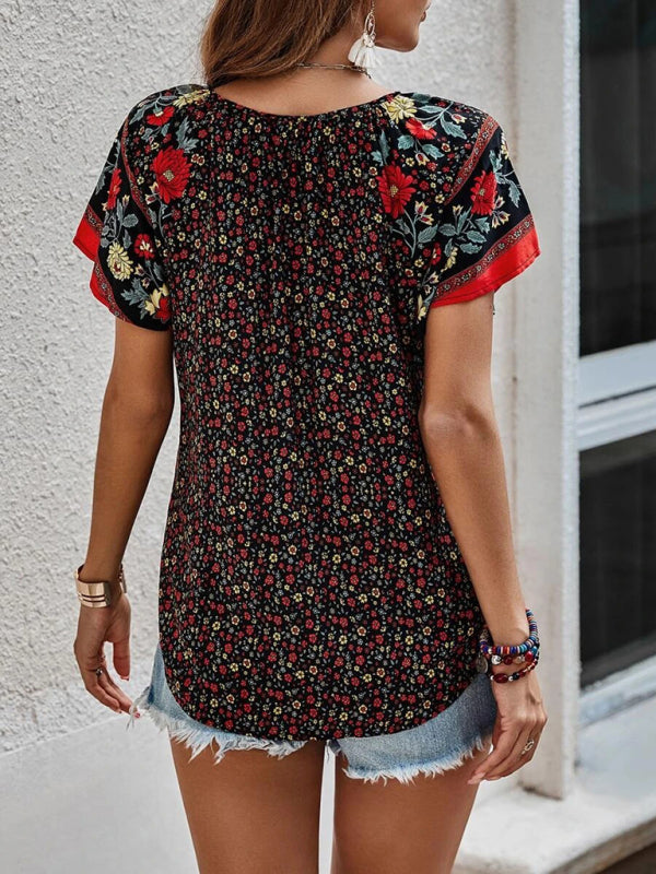 Women's casual ethnic style printed V-neck short-sleeved loose shirt