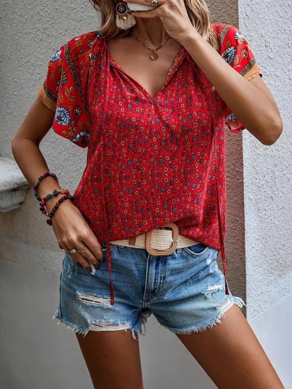 Women's casual ethnic style printed V-neck short-sleeved loose shirt