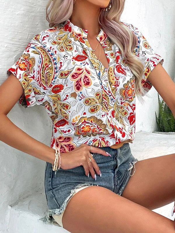 Women's Fashion Painted Printing V-neck Short Sleeve Top