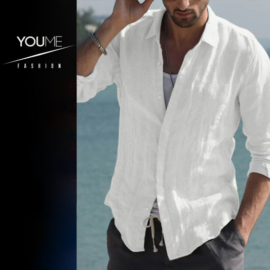 Men’s Casual Long Sleeve White Linen Button Down With Collar And Long Sleeves